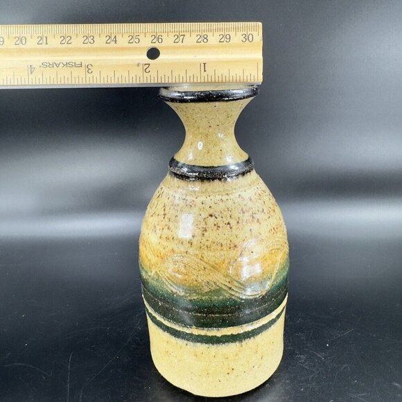 Studio Art Pottery Vase Bottle Shaped Vessel Hand Made Yellow Glazed Carved VTG - Picture 5 of 13